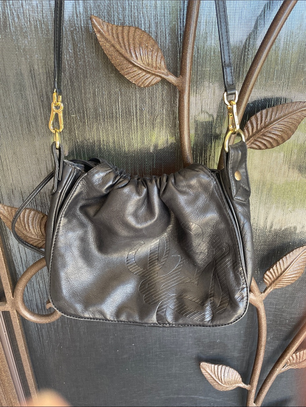 Loewe Black Leather Ruched Shoulder Bag with Gold Hardware